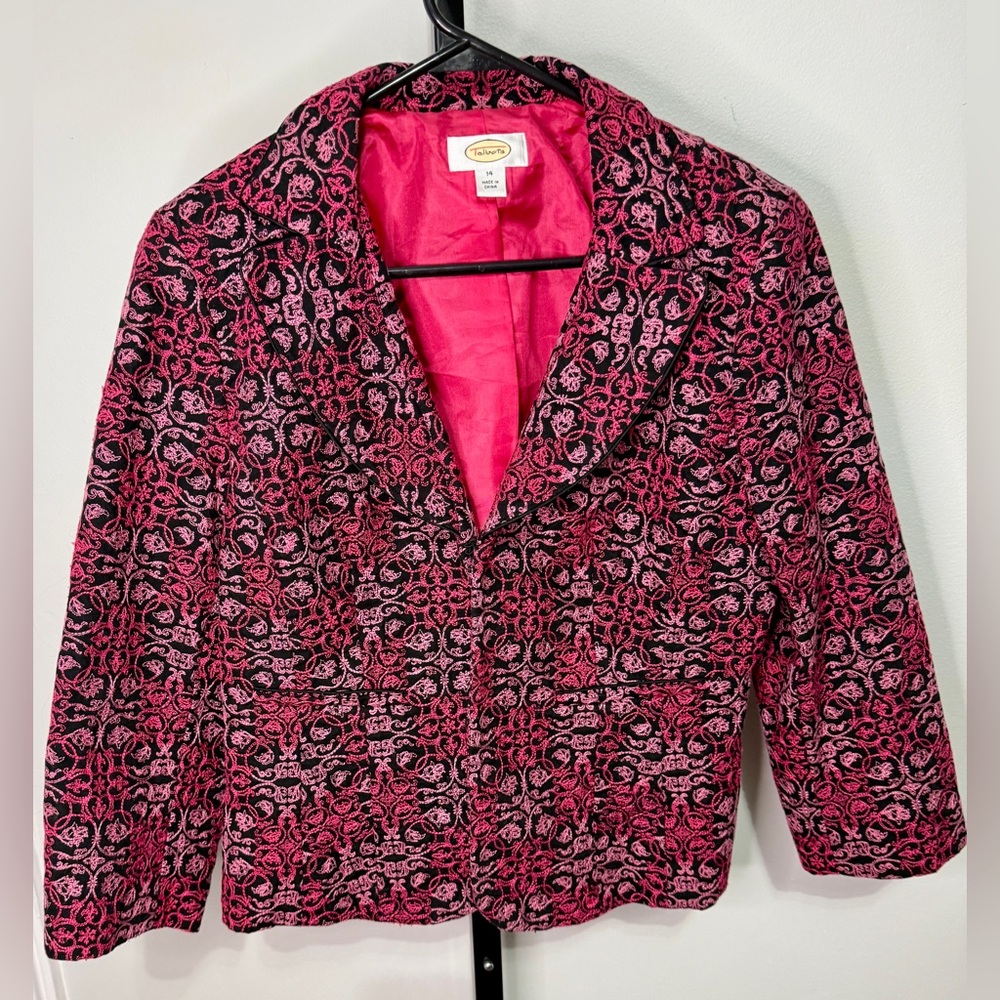 Talbots Pink and Black Floral Embroidered Blazer with Hook Closure